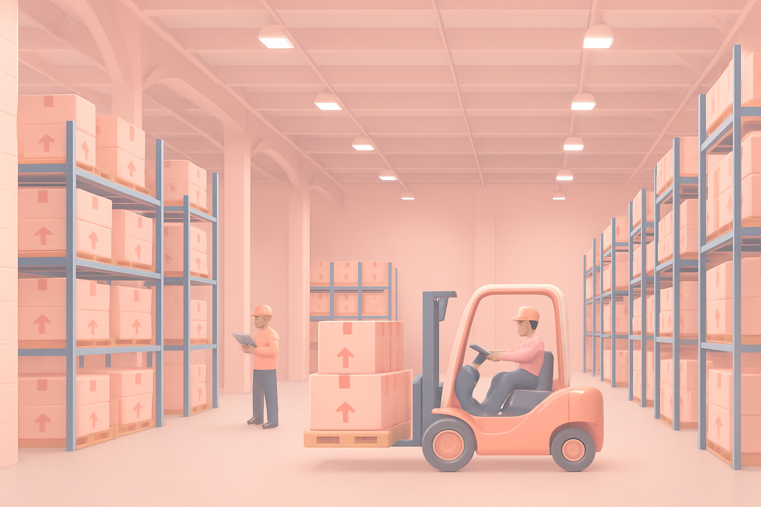 Illustration of a wholesale warehouse with a forklift moving boxes