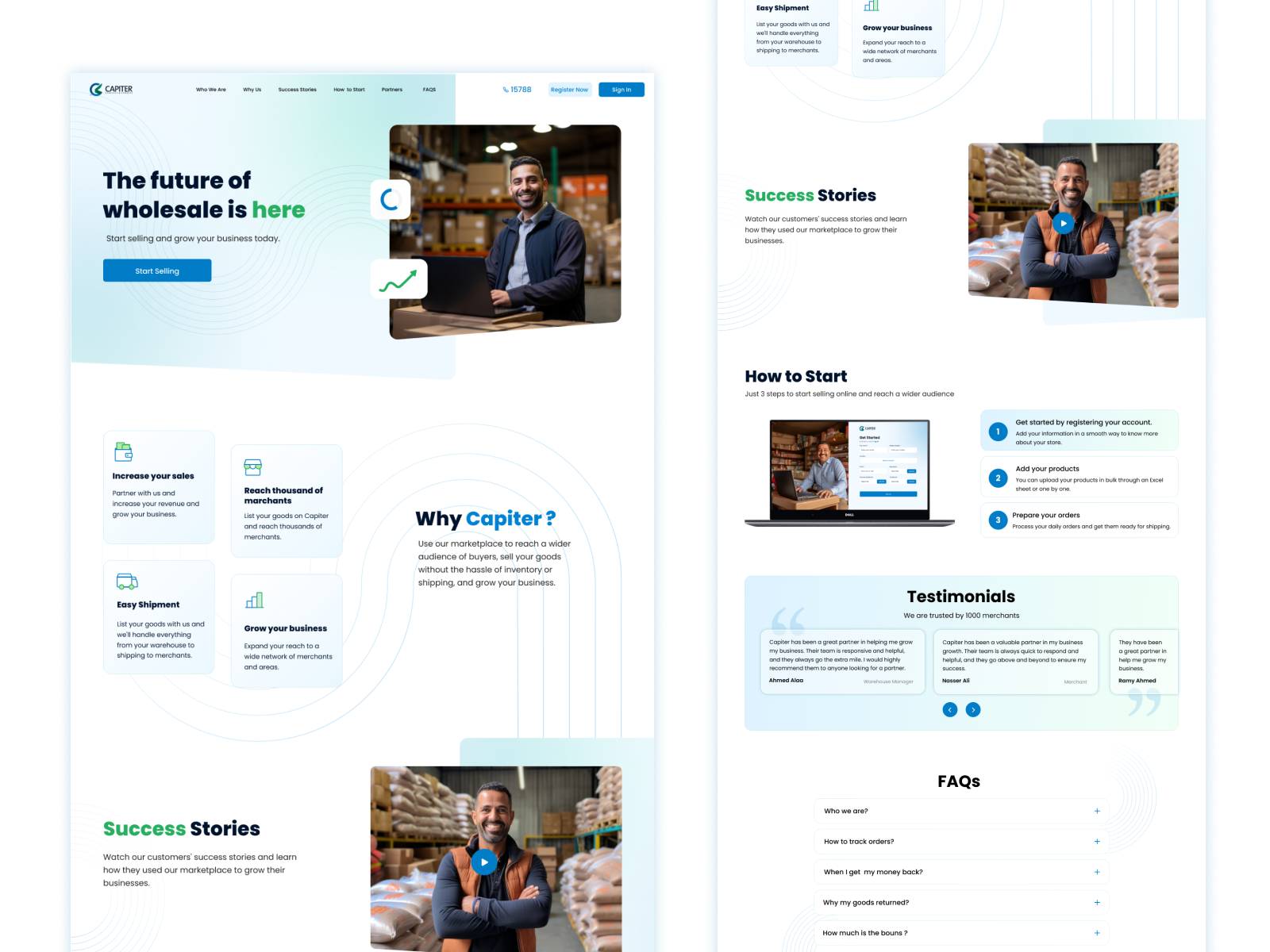 Capiter landing page with benefits, testimonials and FAQs