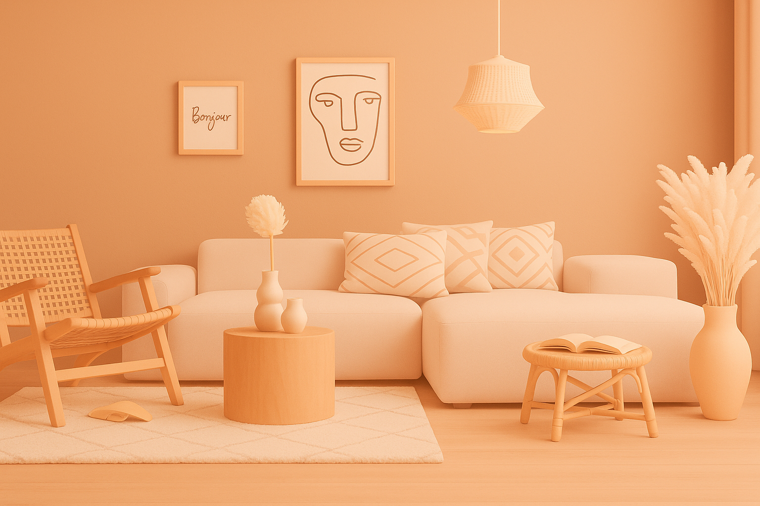 Illustration of a warm, softly lit living room with a sofa and decor