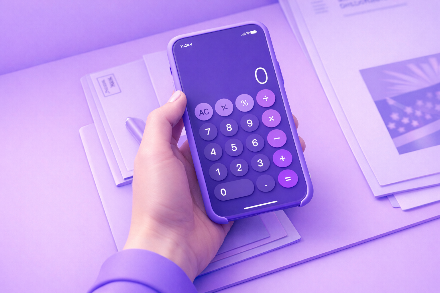 Illustration of a hand holding a phone with a calculator app