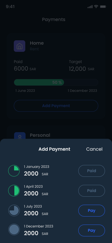 Installment timeline with paid and upcoming payments