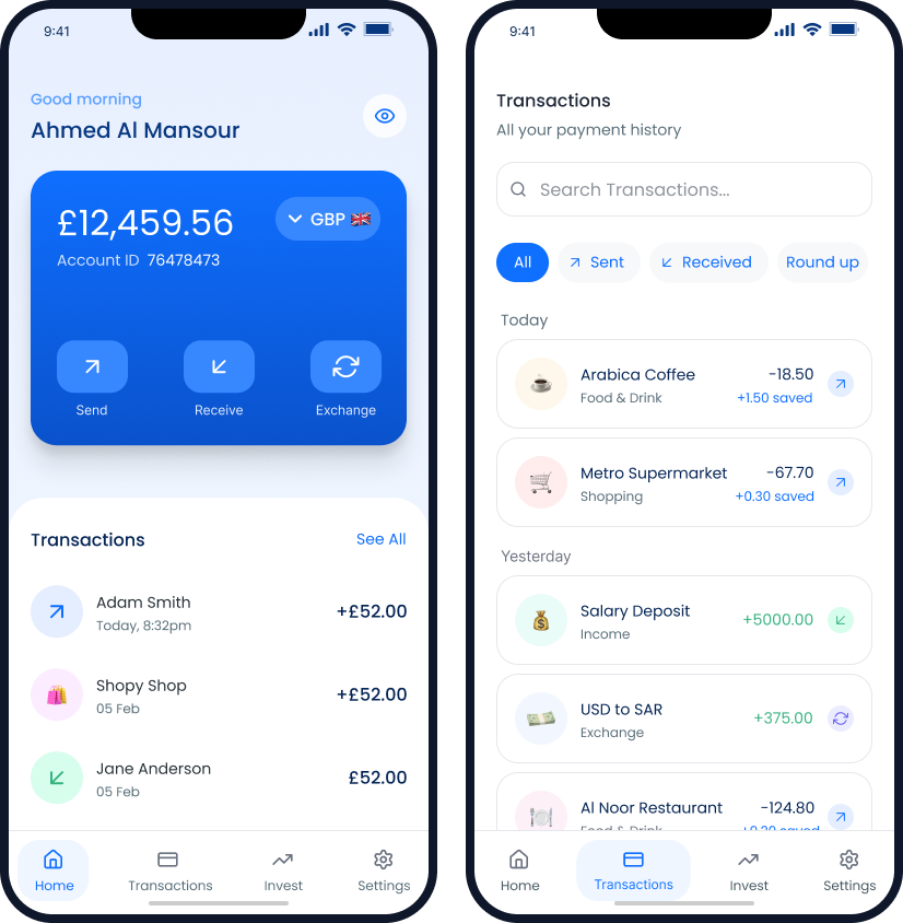 Banking app home and transactions screens
